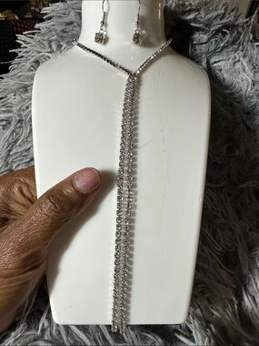 3pcs Silver Crystal Y-Shaped Drop Necklace 14” with Matching Earrings